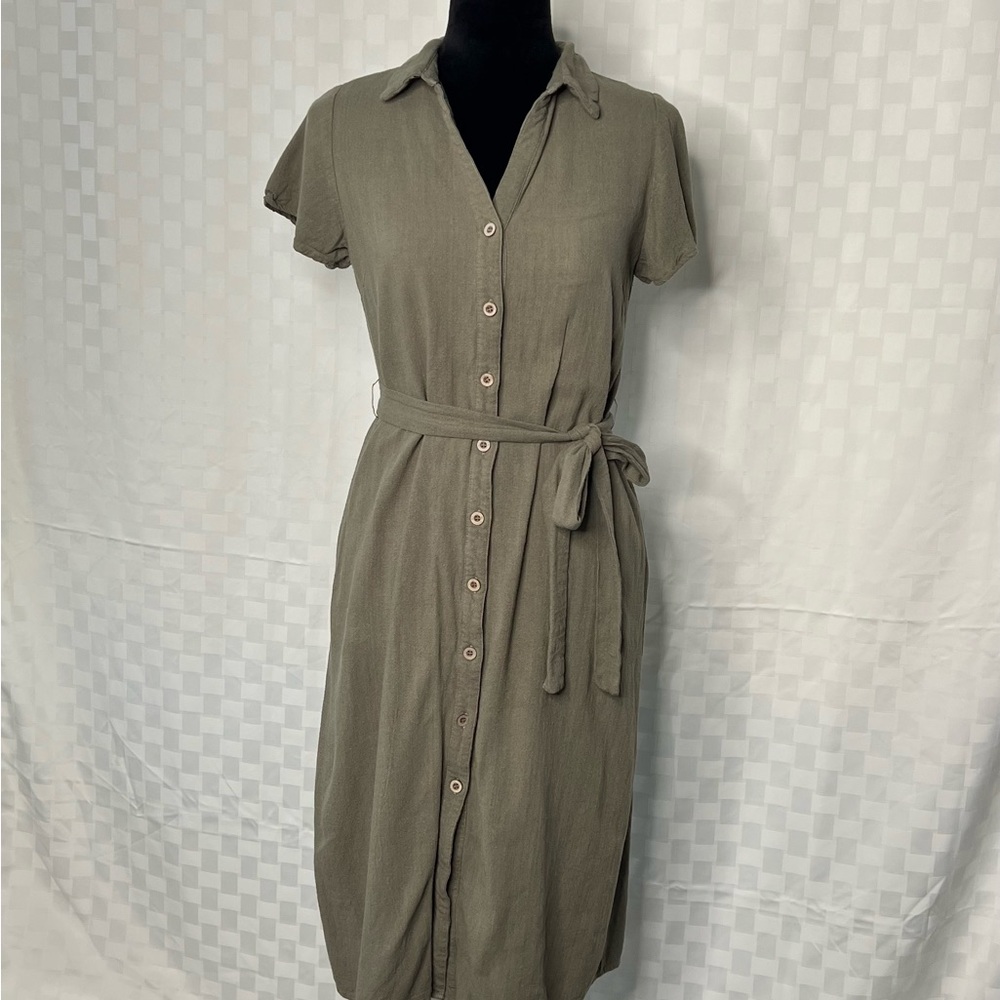 Lulus Italian Summer Olive Green Linen Button-Up Short Sleeve Dress